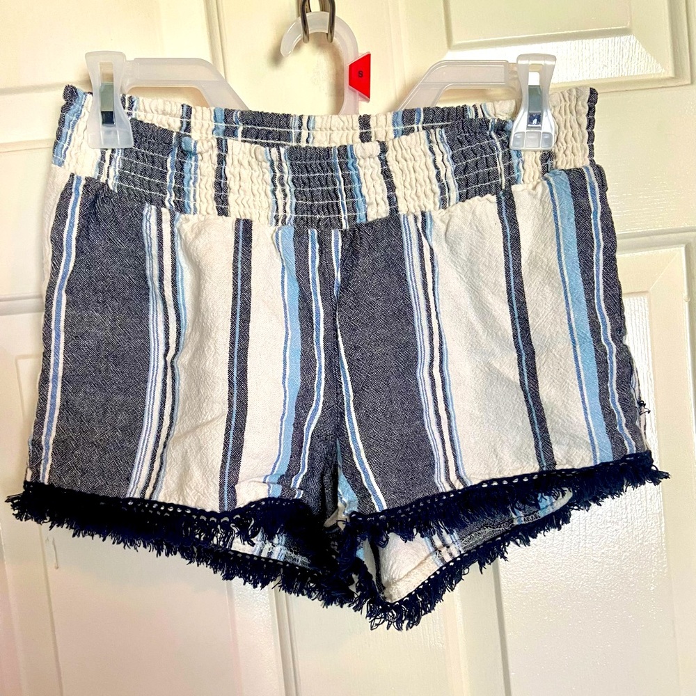 Blue and White Stripe Summer Shorts. Coastal Shorts. Fringe bottom. Lightweight.